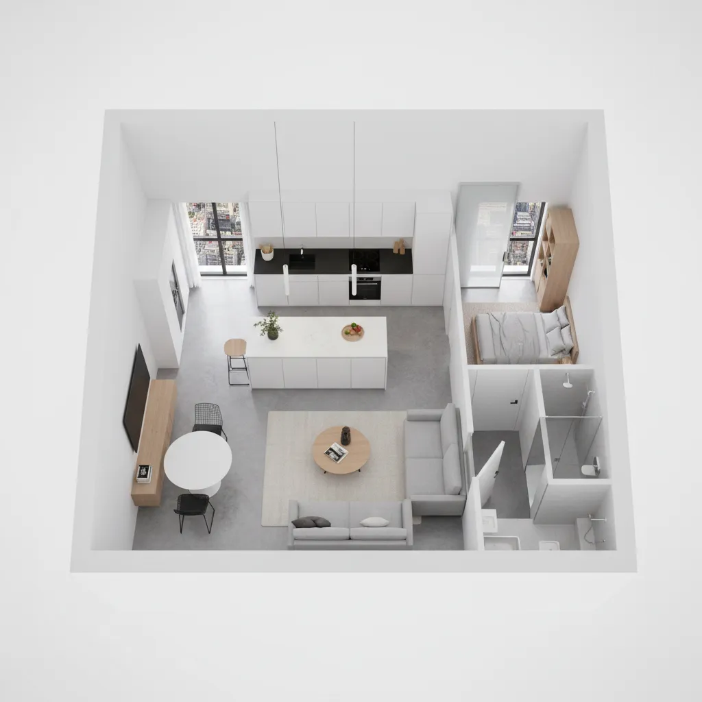 Plano interior de apartamento pequeño con distribución optimizada