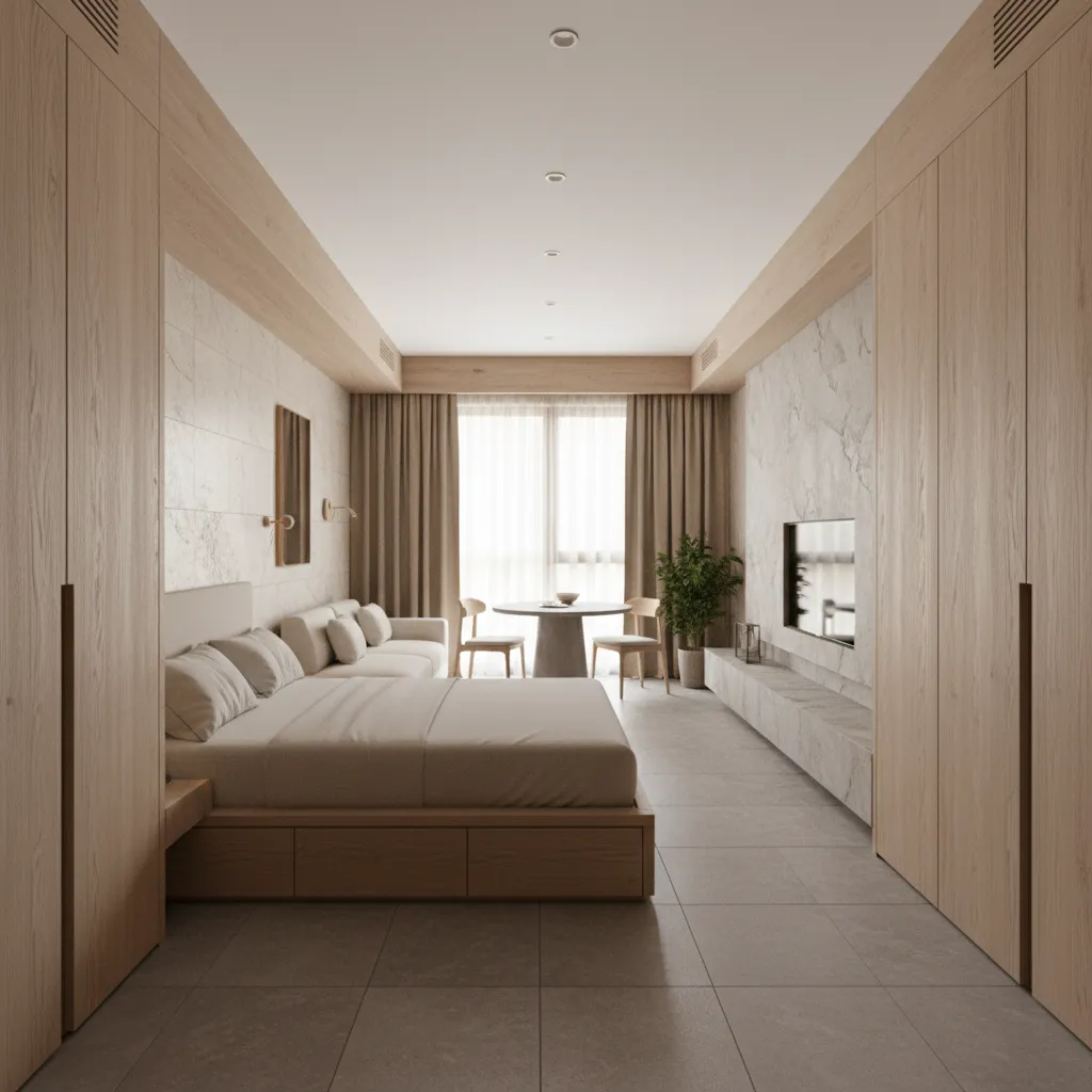 Apartamento pequeño con distribución optimizada y mobiliario integrado