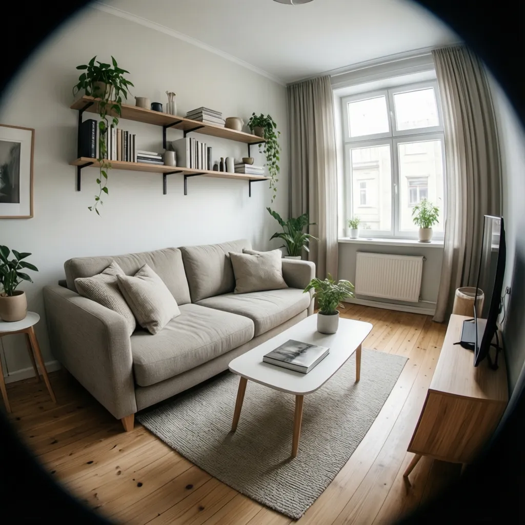 Sala pequeña con distribución optimizada y mobiliario compacto