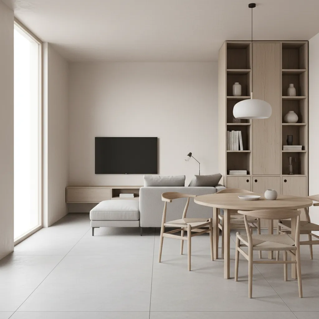 Small apartment interior optimized with smart layout and multifunction furniture
