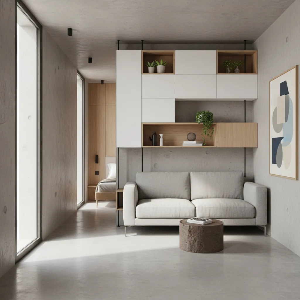Small modern apartment with efficient furniture layout maximizing limited space