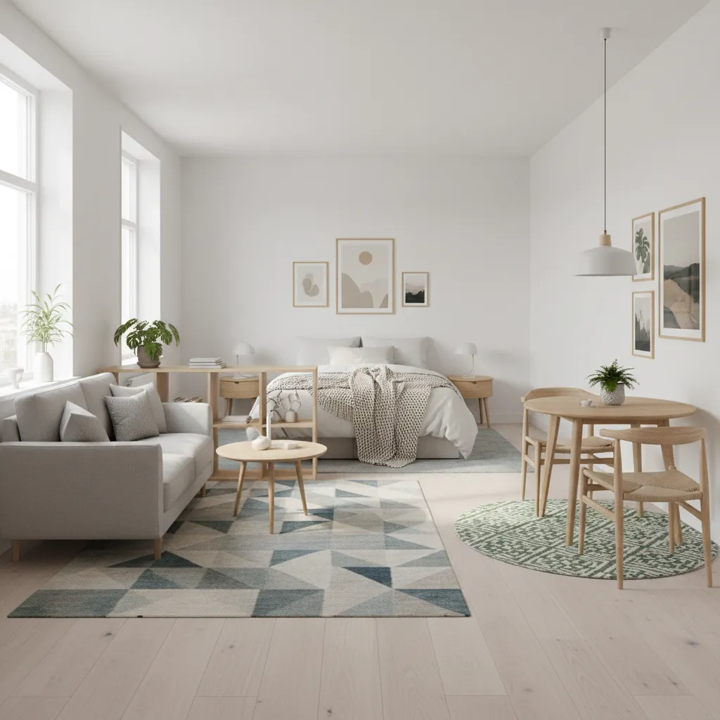 compact studio apartment with clearly organized living and sleeping areas