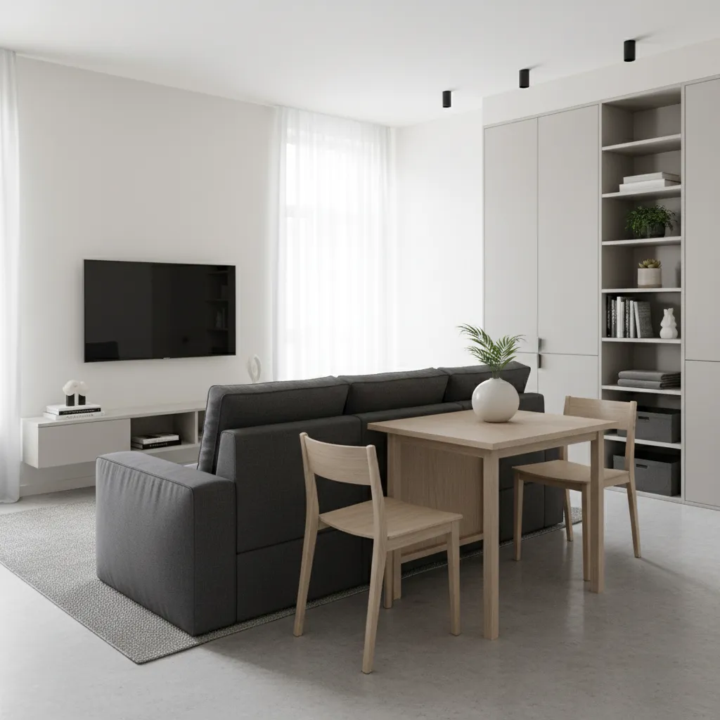 Departamento pequeño con muebles multifuncionales y almacenamiento