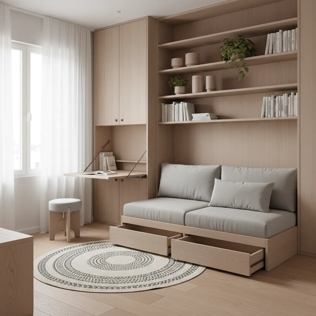 Small apartment interior with built in storage and multifunctional furniture layout