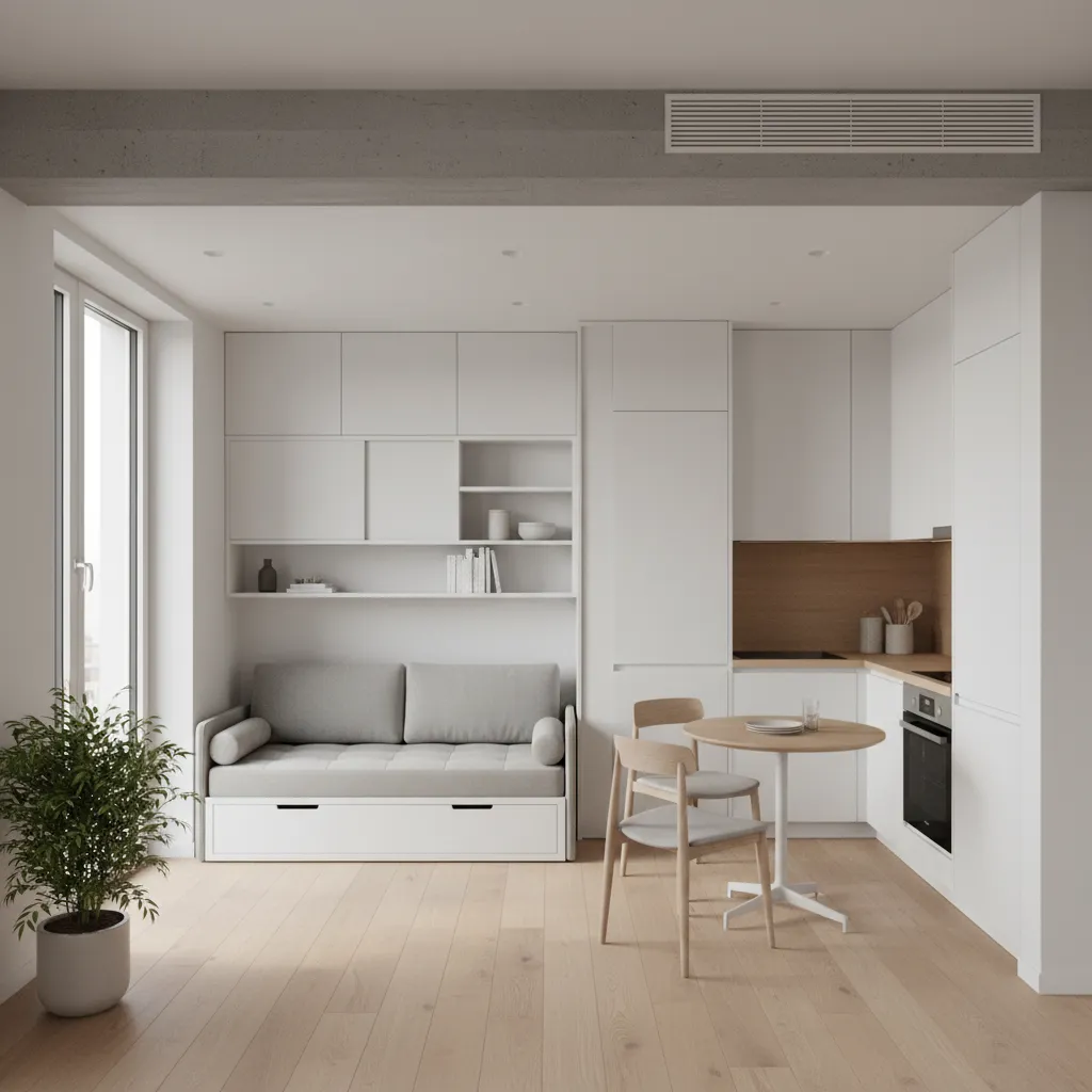 Small apartment optimized layout with multifunction furniture