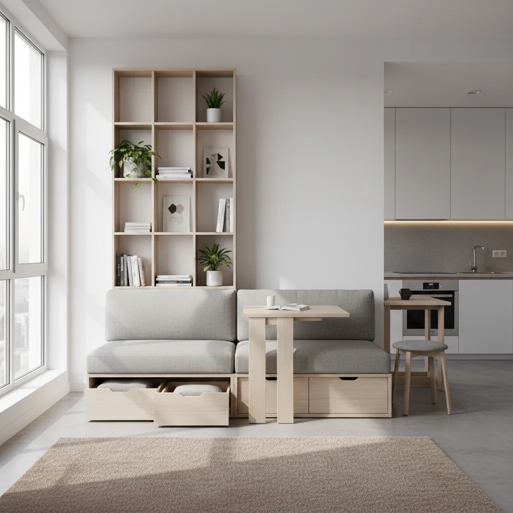 Modern living room design with grey storage sofa wooden bookshelf and white kitchen cabinet background