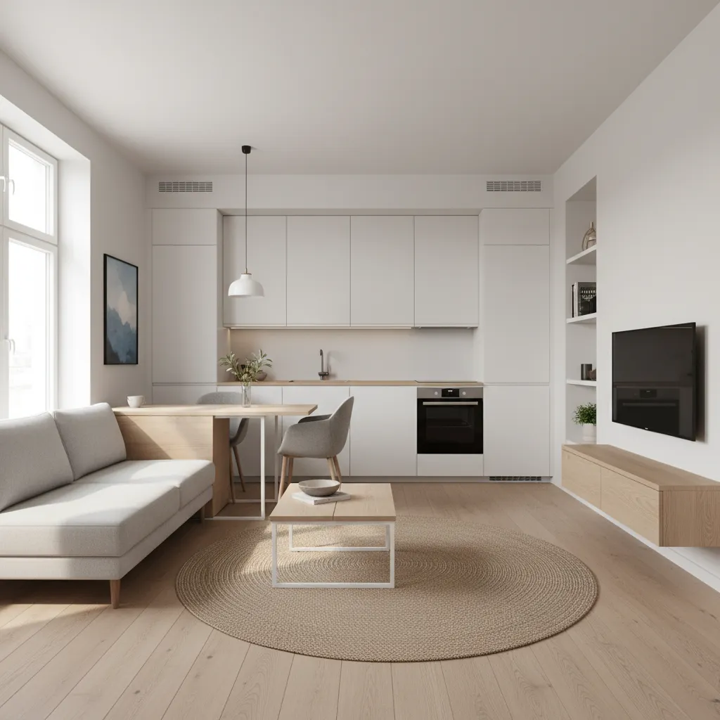 Apartamento pequeño optimizado con cocina abierta y mobiliario funcional