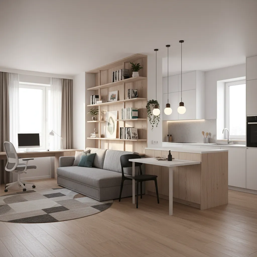 Compact apartment interior showing multifunctional furniture and smart zoning