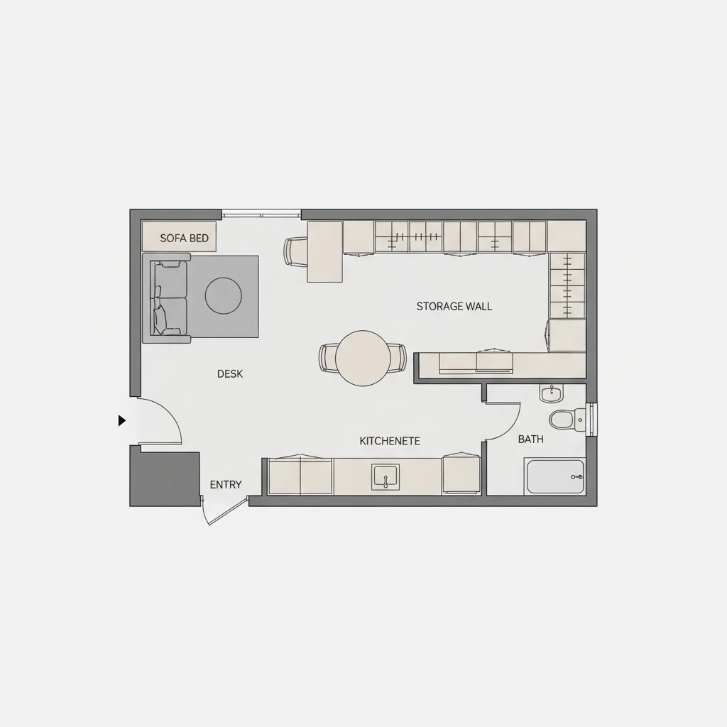 Small apartment floor plan layout showing optimized furniture placement