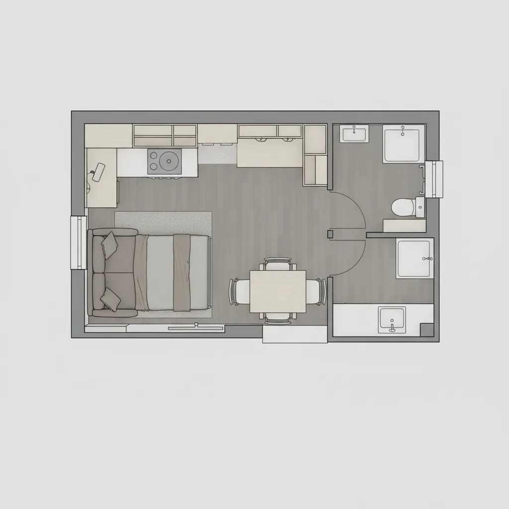 Small apartment floor plan showing optimized furniture layout for limited space