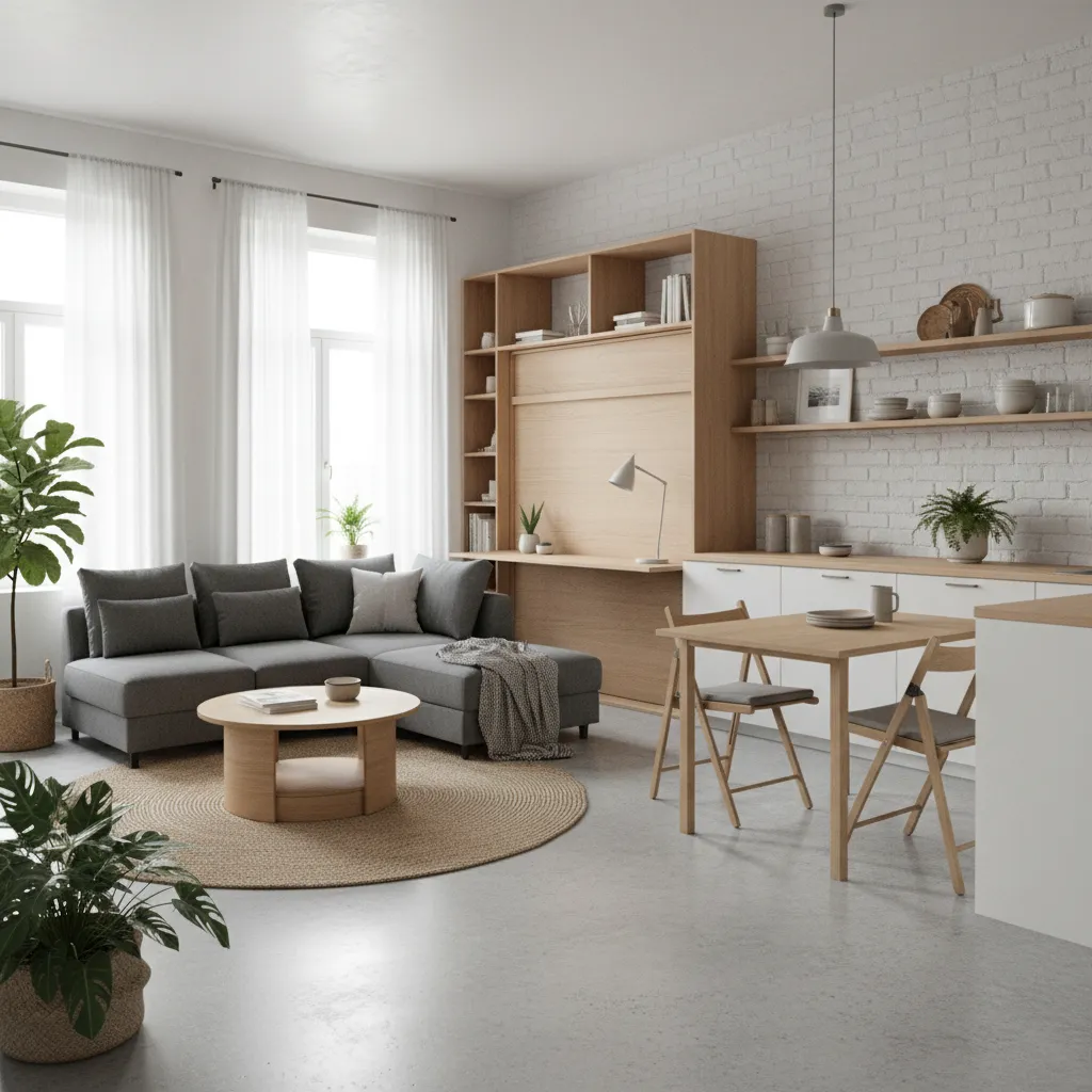 Modern living room with grey sofa wooden coffee table white brick wall and ceiling light