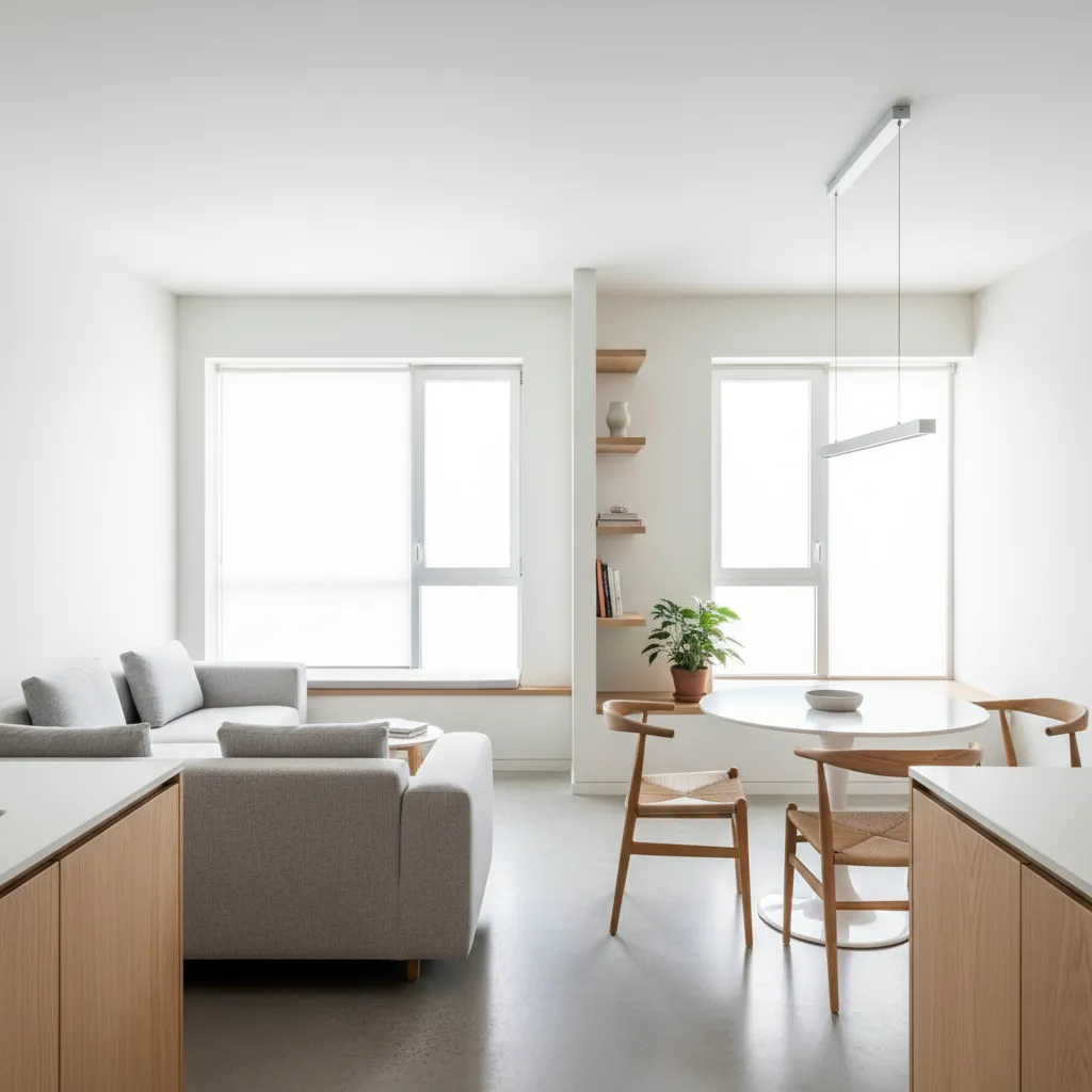 Modern white living room interior design drawing featuring grey sofa round dining table wooden chairs