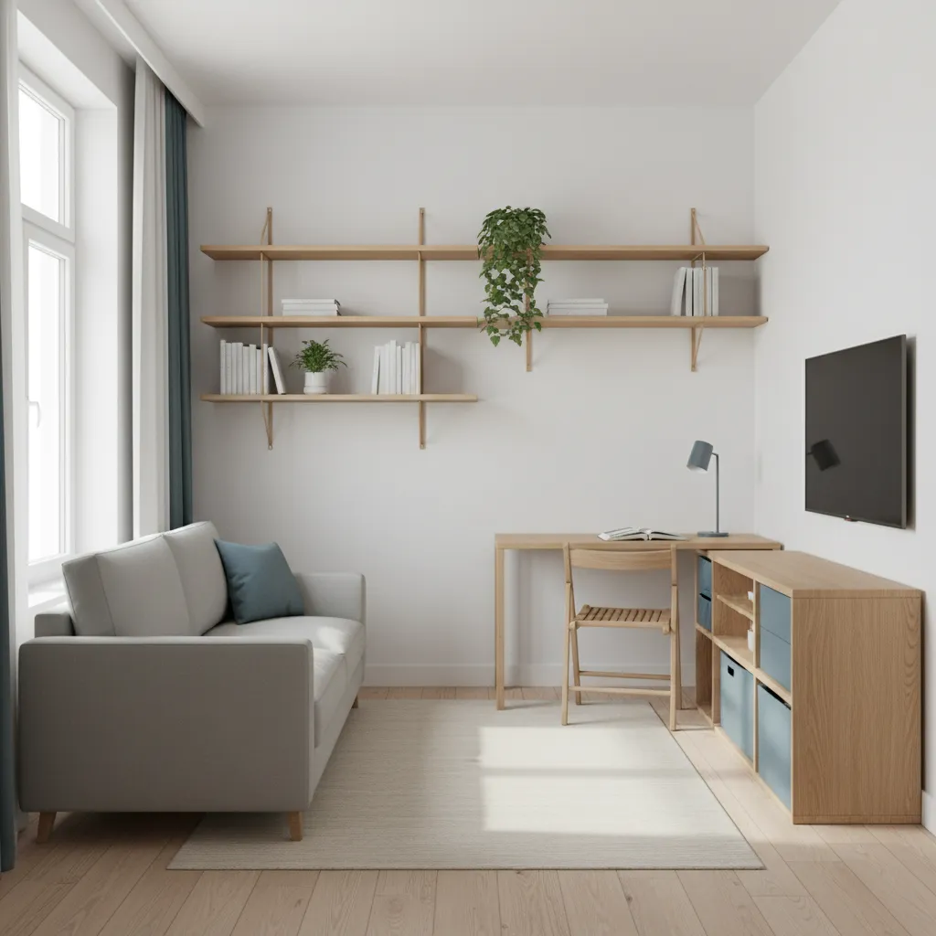 Minimalist living room featuring grey sofa wooden desk wall shelves television and light wood floor