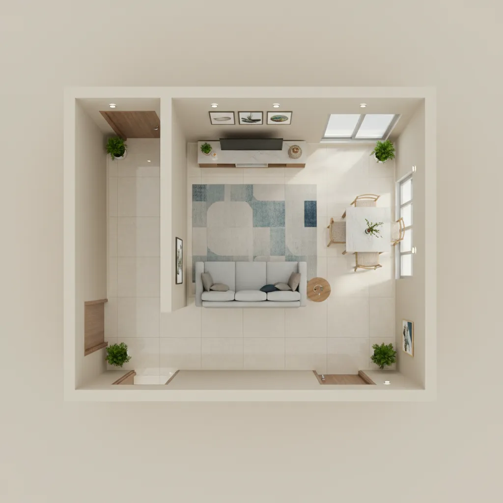 2 BHK apartment layout planning showing living dining circulation space