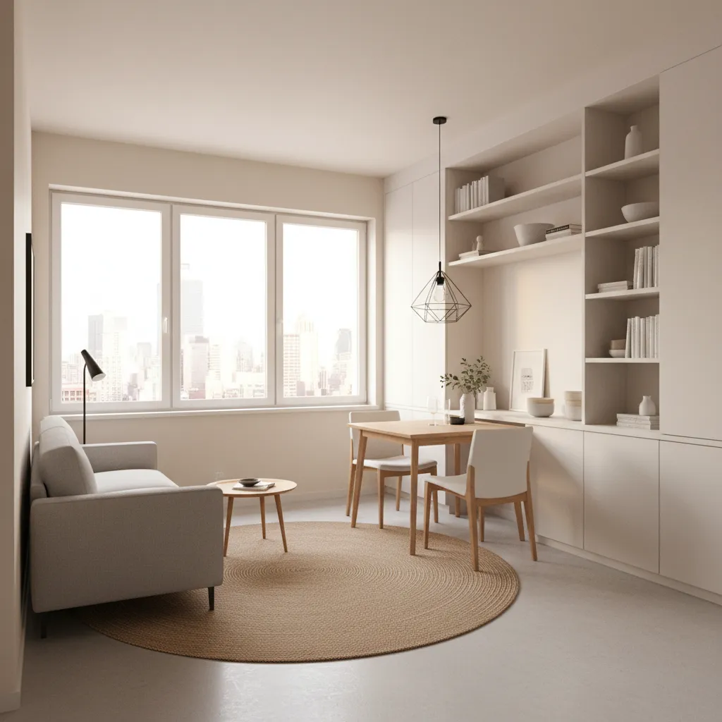 small apartment interior demonstrating efficient layout and space saving furniture
