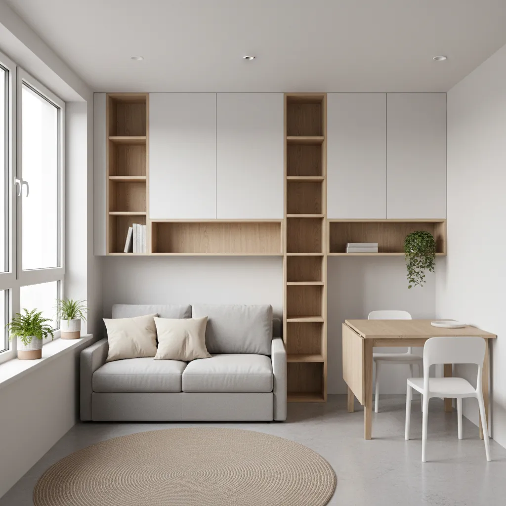 small apartment interior with wall mounted storage and compact furniture layout