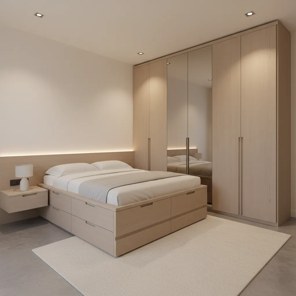 Dormitorio pequeño con almacenamiento integrado bajo la cama y armario alto