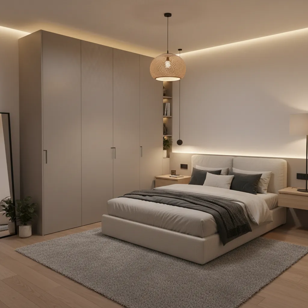 Floor to ceiling wardrobe storage in a compact apartment bedroom