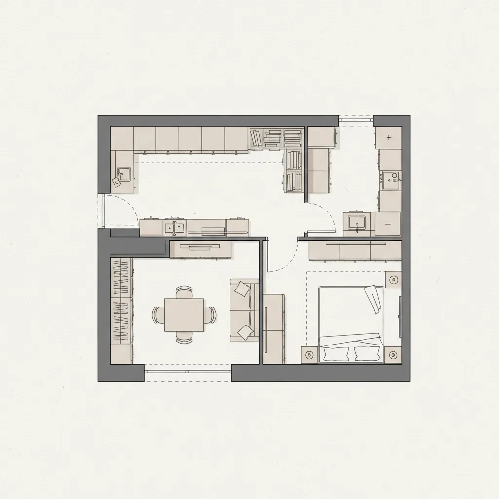 2D floor plan showing added storage zones in a small apartment layout