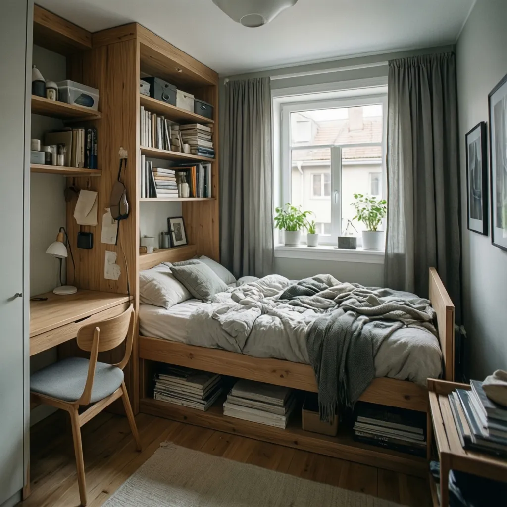 Small bedroom with wooden bed, storage, study desk, wall shelves, and grey curtains near window