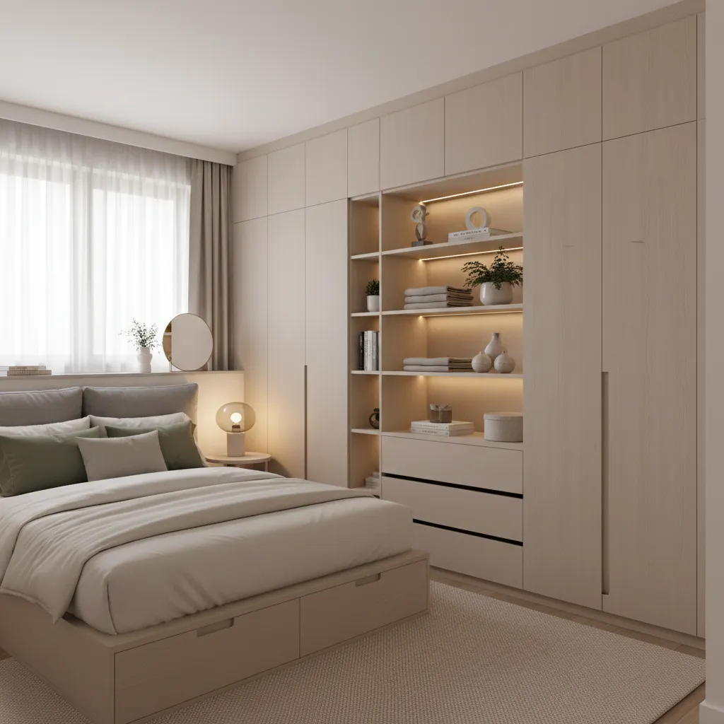 Smart built-in storage solutions in a compact apartment bedroom and living area