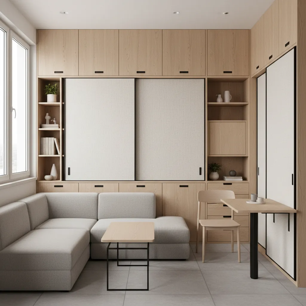 built in storage wall and compact furniture in a small 490 sq ft apartment