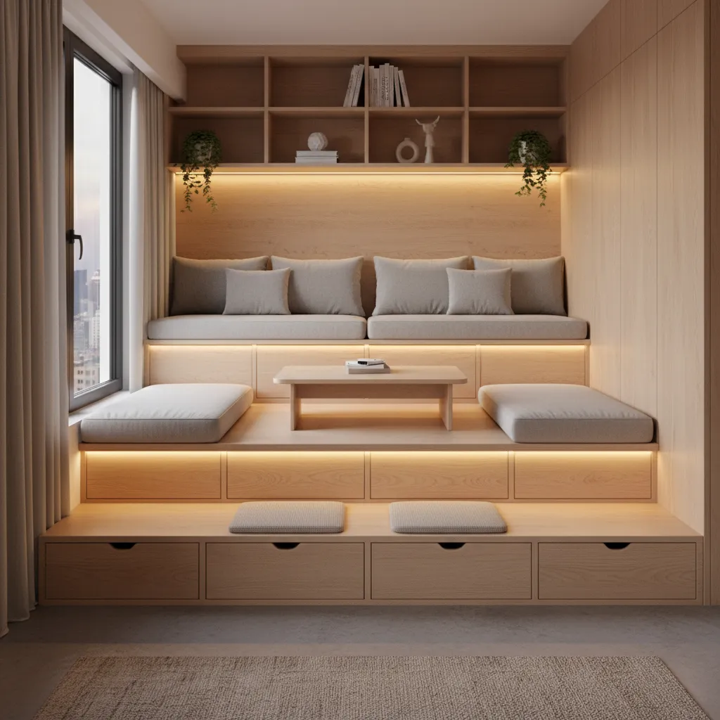 Apartamento pequeño con plataforma escalonada multifuncional