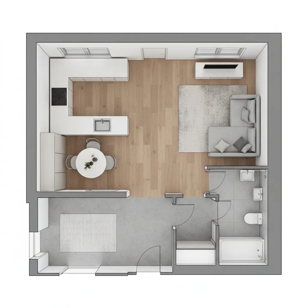 small apartment layout showing clear walking paths between zones
