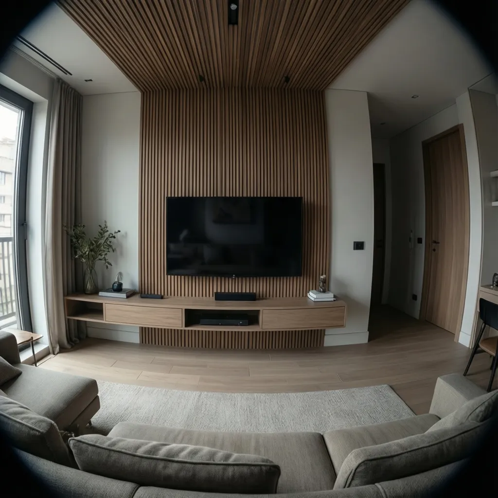 Small apartment living room with minimal floating TV unit and vertical panel