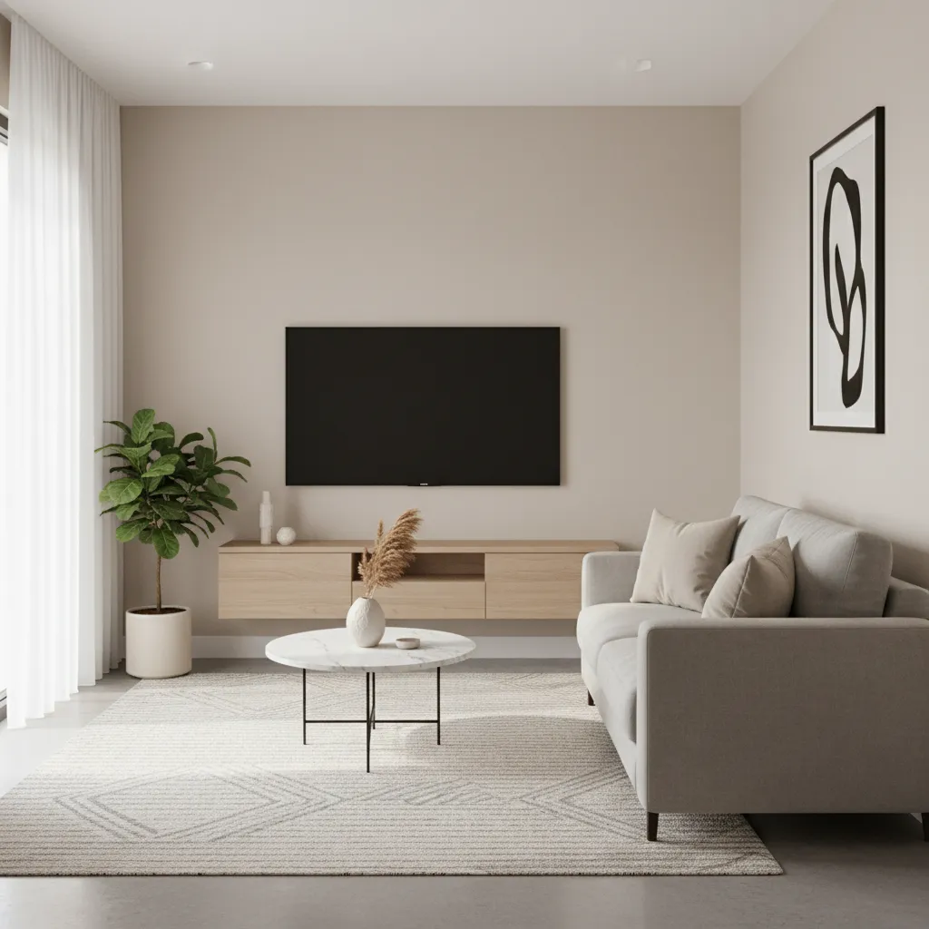 Compact living room with wall mounted TV and balanced furniture arrangement