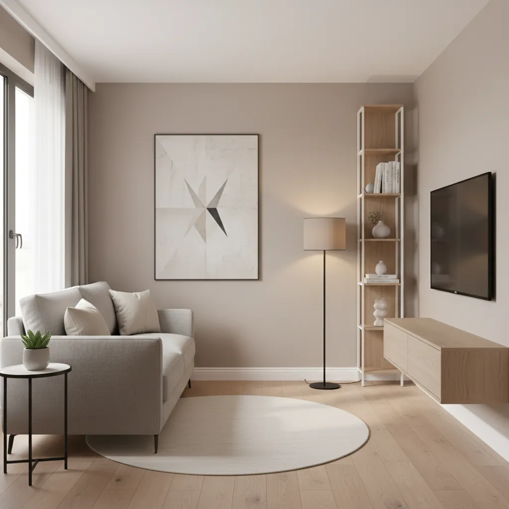 Small apartment TV wall layout planning with sofa and floating console