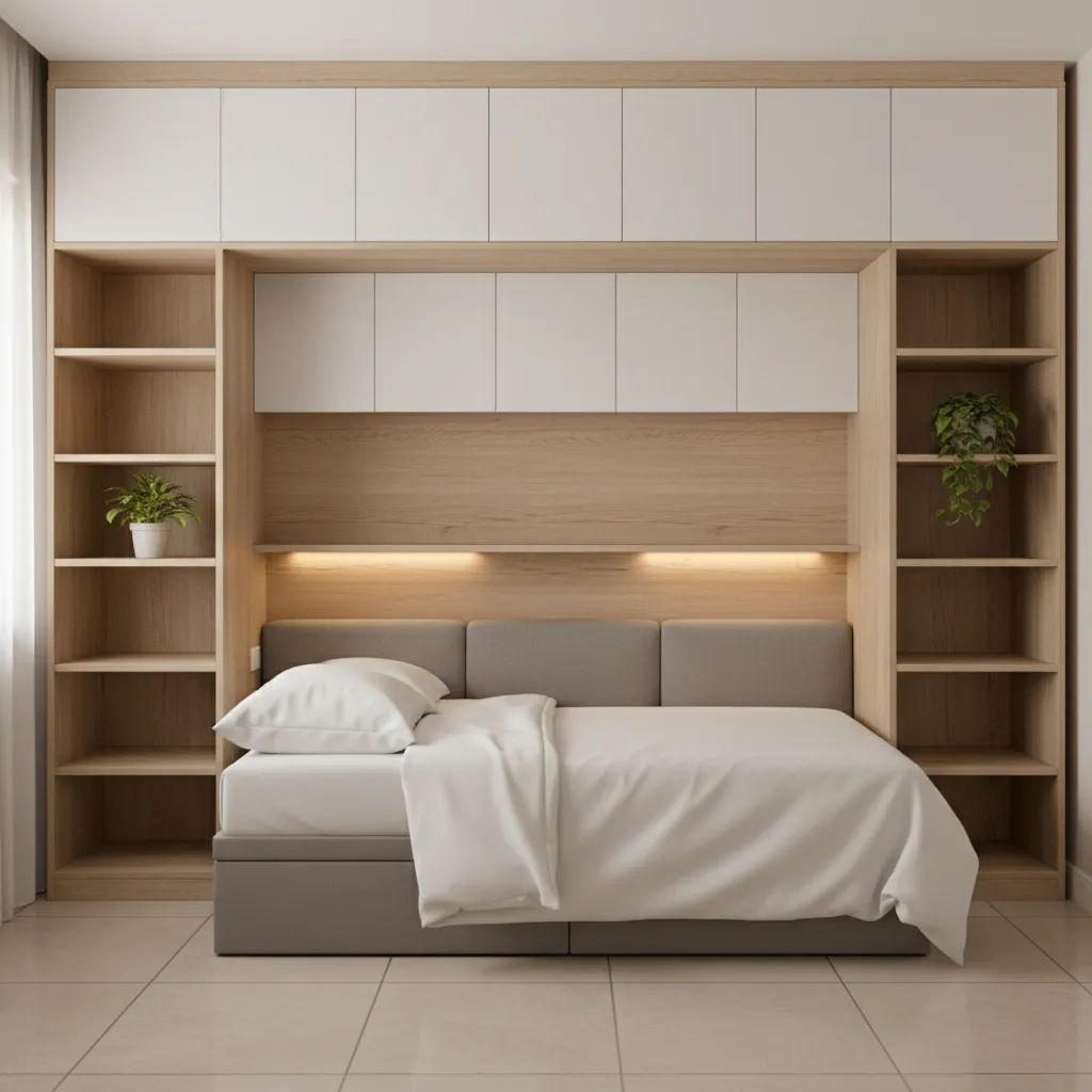 vertical storage shelves in small self contain apartment interior