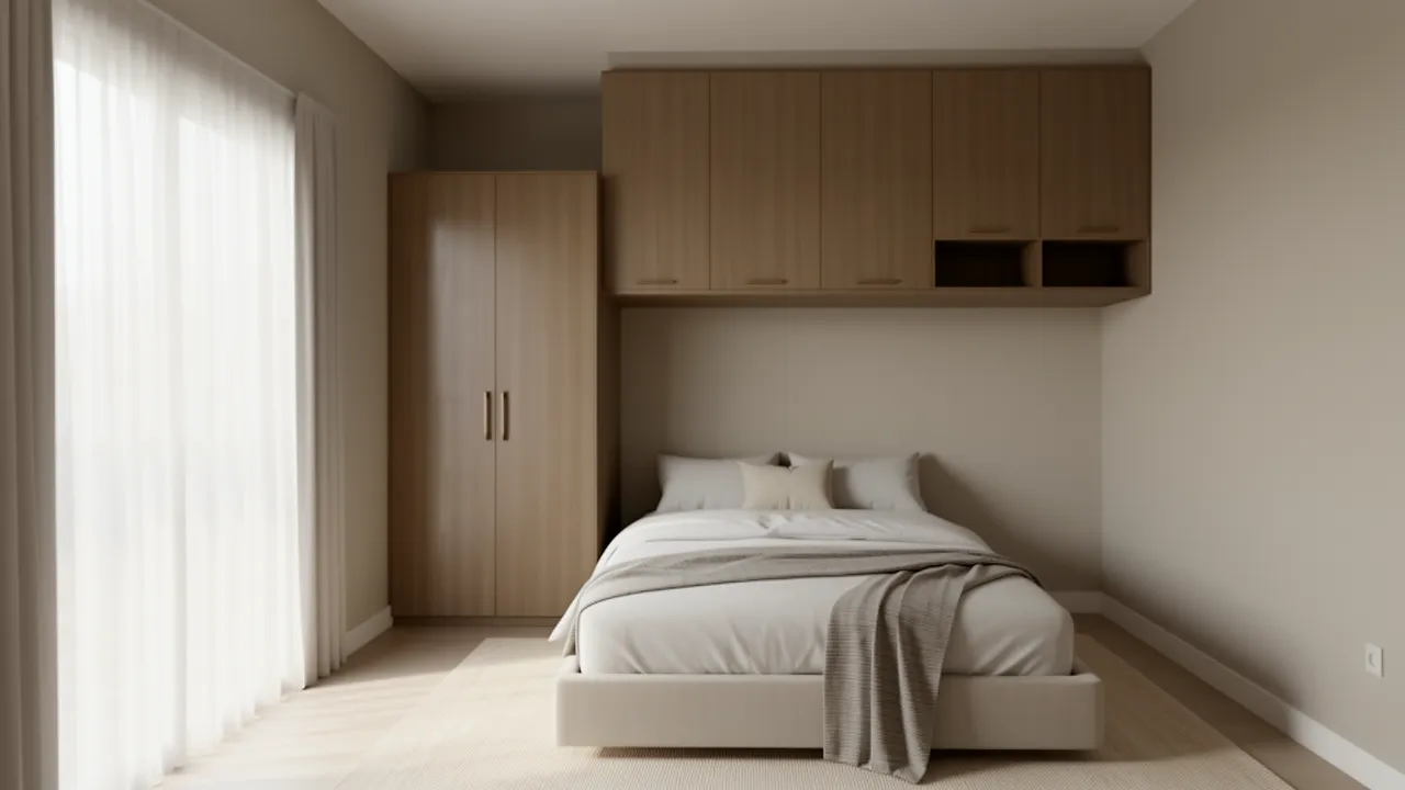 Vertical storage cabinets and loft storage in a small bedroom apartment