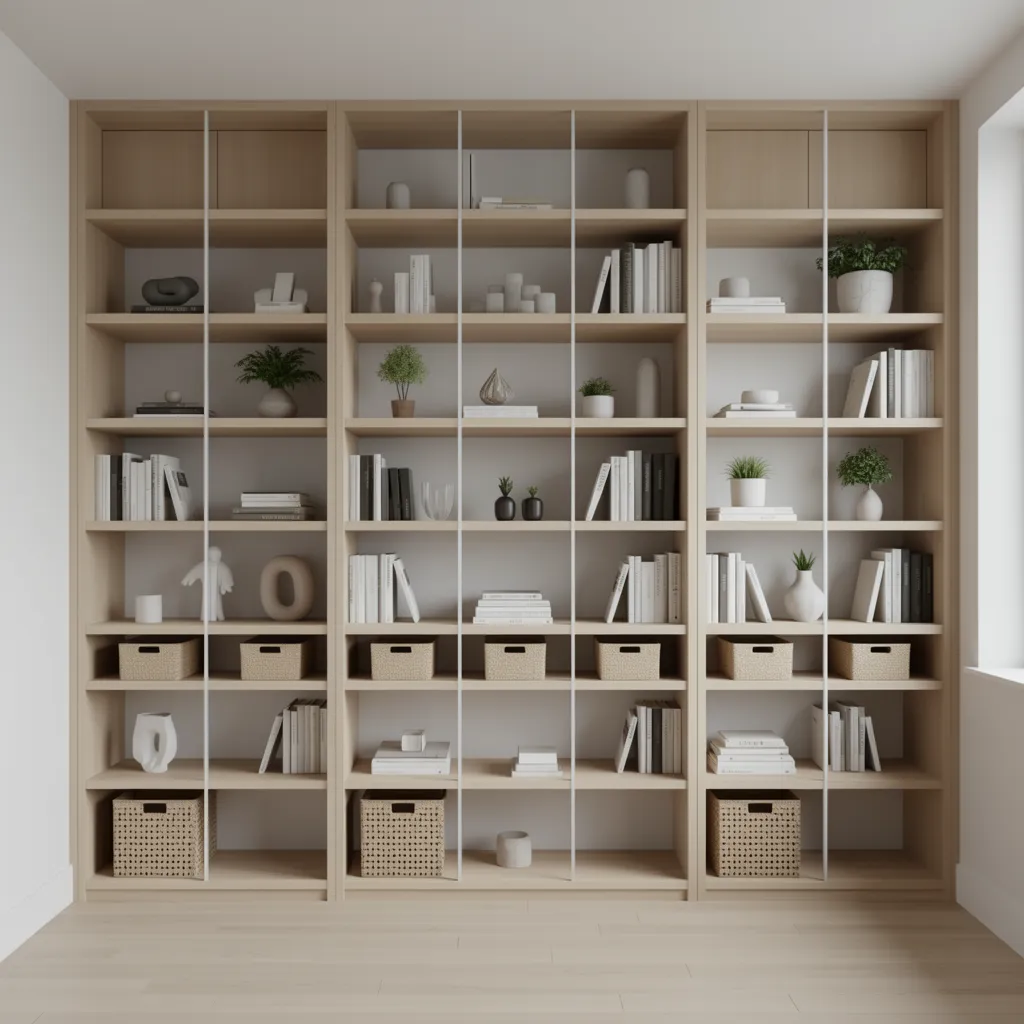 Small apartment wall storage system with shelves cabinets and organized decor