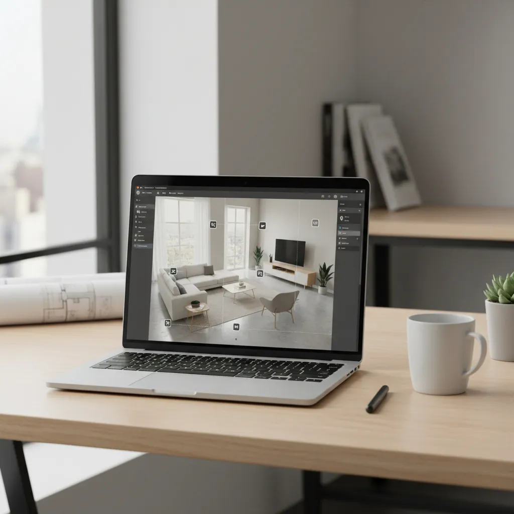 Designer planning virtual layout for a small apartment living room