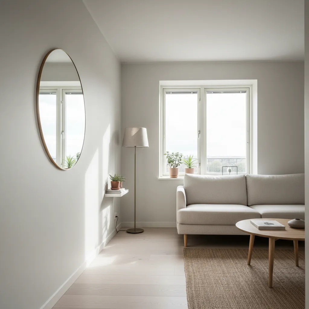 Small flat interior using mirrors and light colors to visually expand space