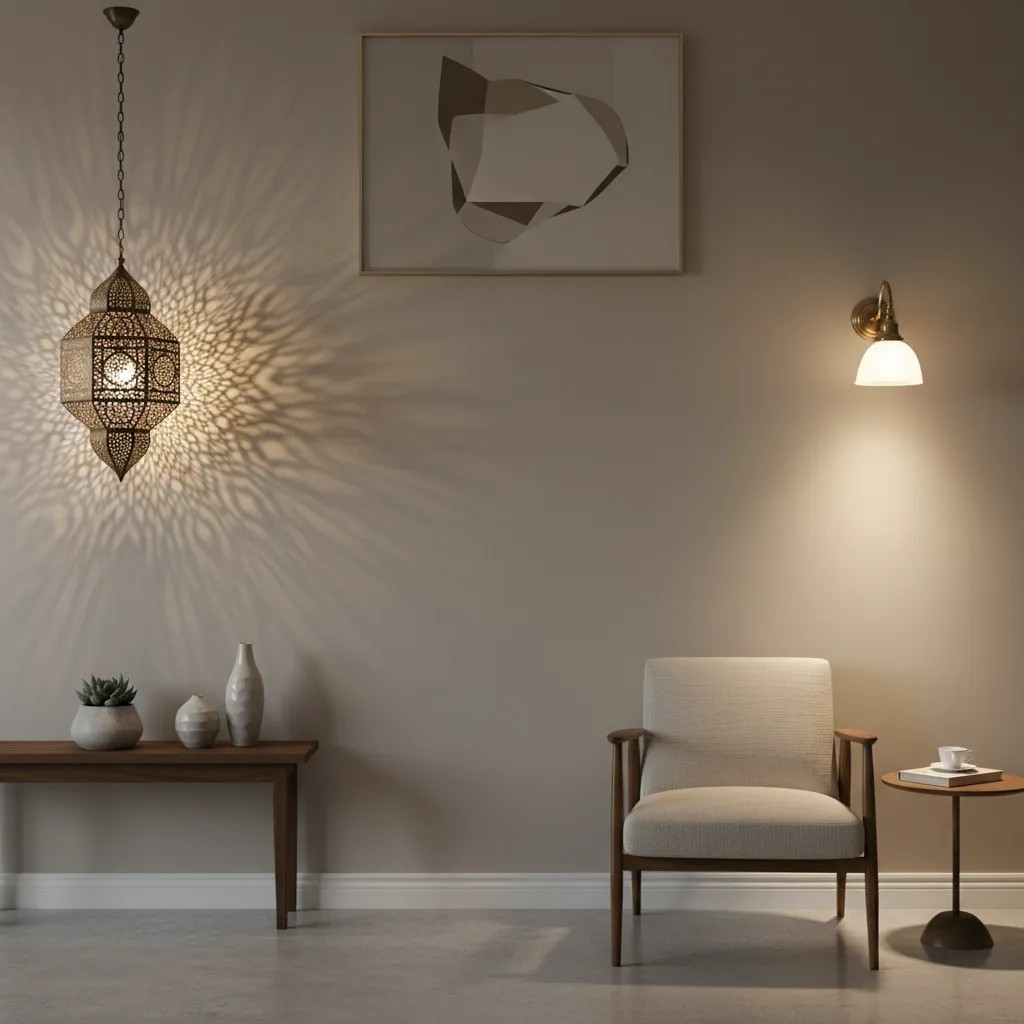 Side by side lighting comparison of Moroccan lantern and traditional wall sconce