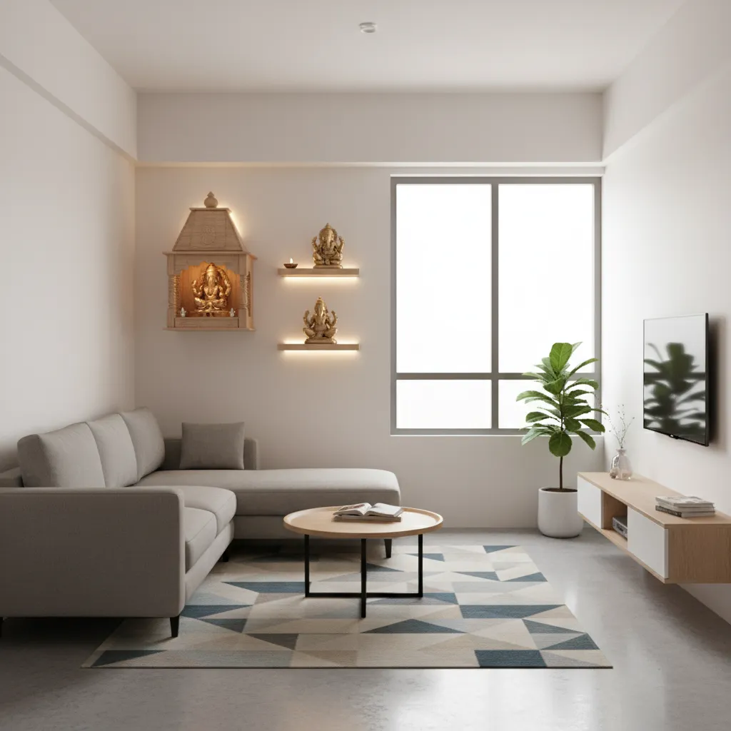 Compact wall mounted mandir design for small apartment living room