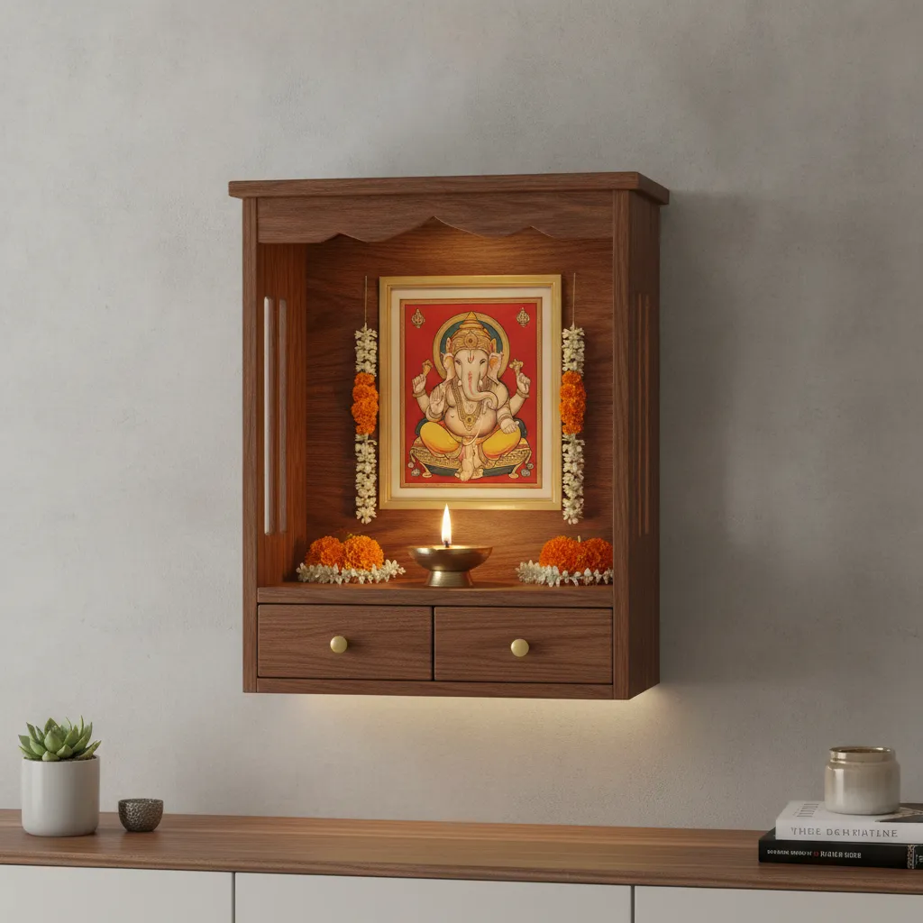 space saving wall mounted wooden pooja mandir in a small apartment