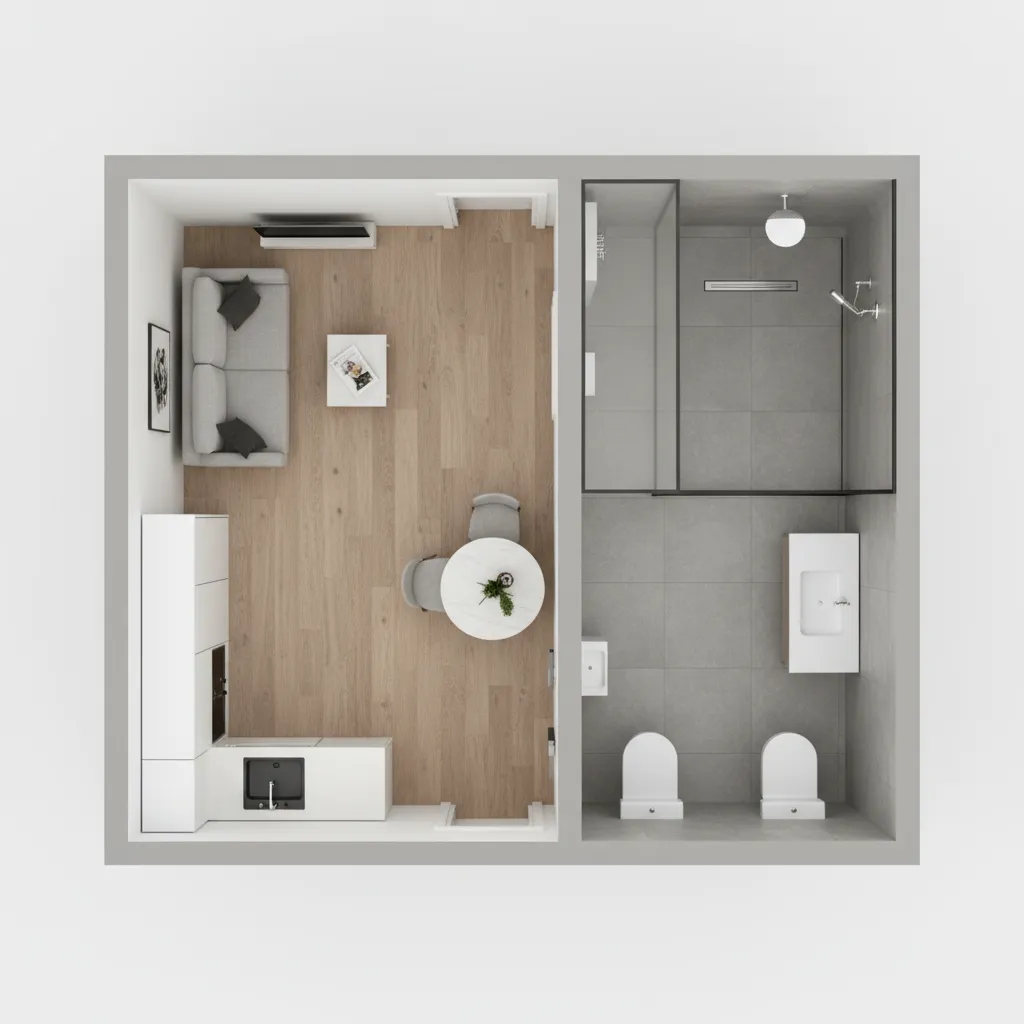 Interior design drawing showing a small apartment layout with wood floors and a grey bathroom