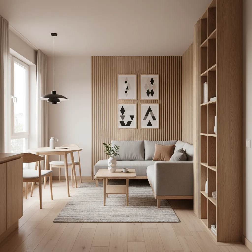 Apartamento pequeño con elementos de madera clara