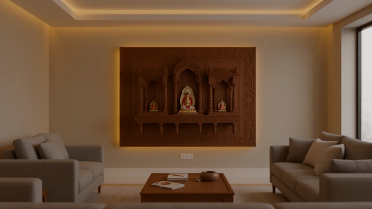 compact wooden wall mandir with warm lighting in a small apartment living room