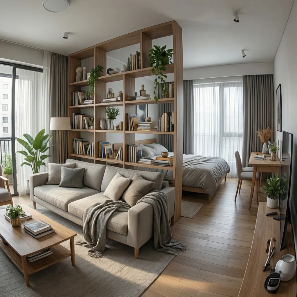 Bookshelf divider separating living and bedroom zones in small apartment