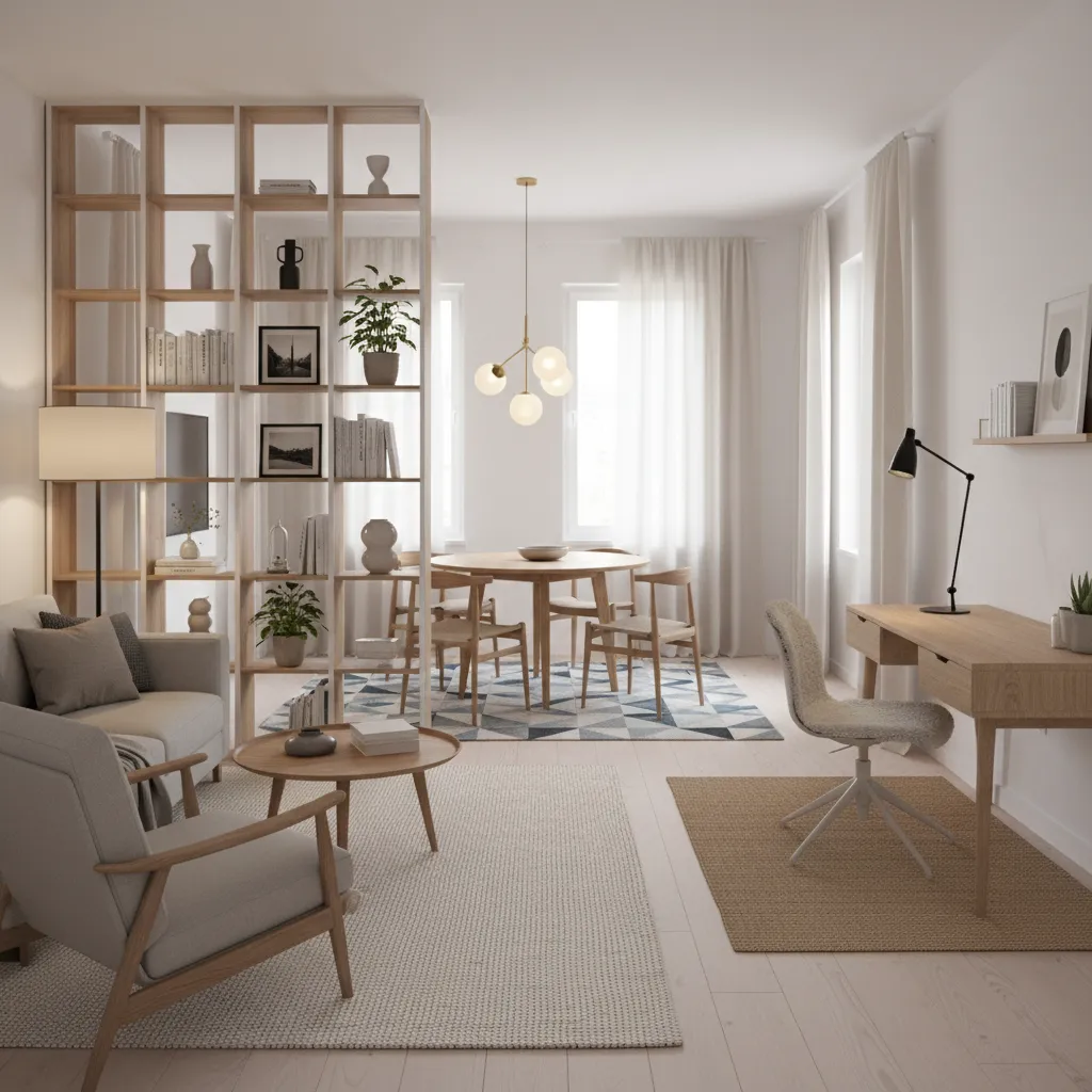 Small apartment interior showing visual zoning using rugs lighting and shelving