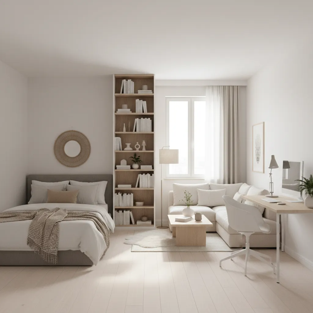 zoned 490 sq ft studio apartment with living sleeping and workspace areas