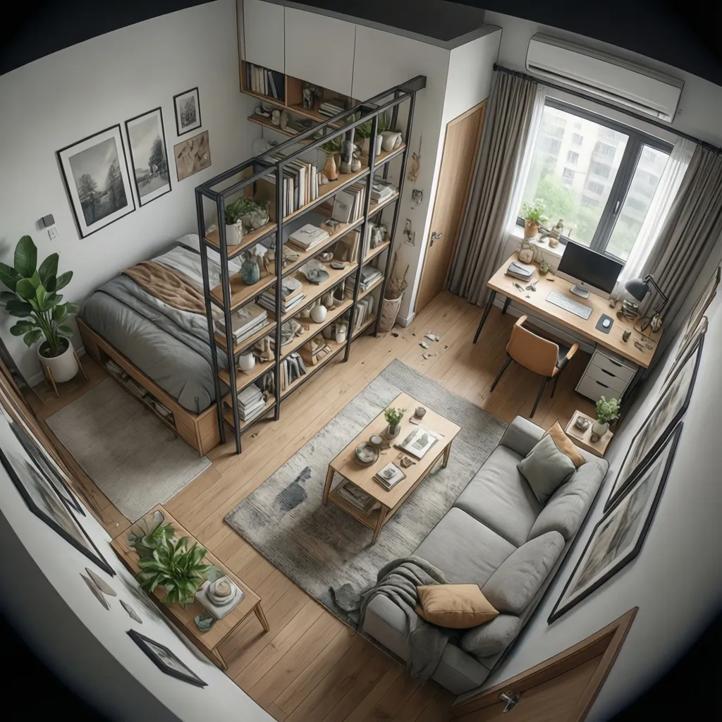 370 sq ft apartment layout showing clear zones for sleeping living and working