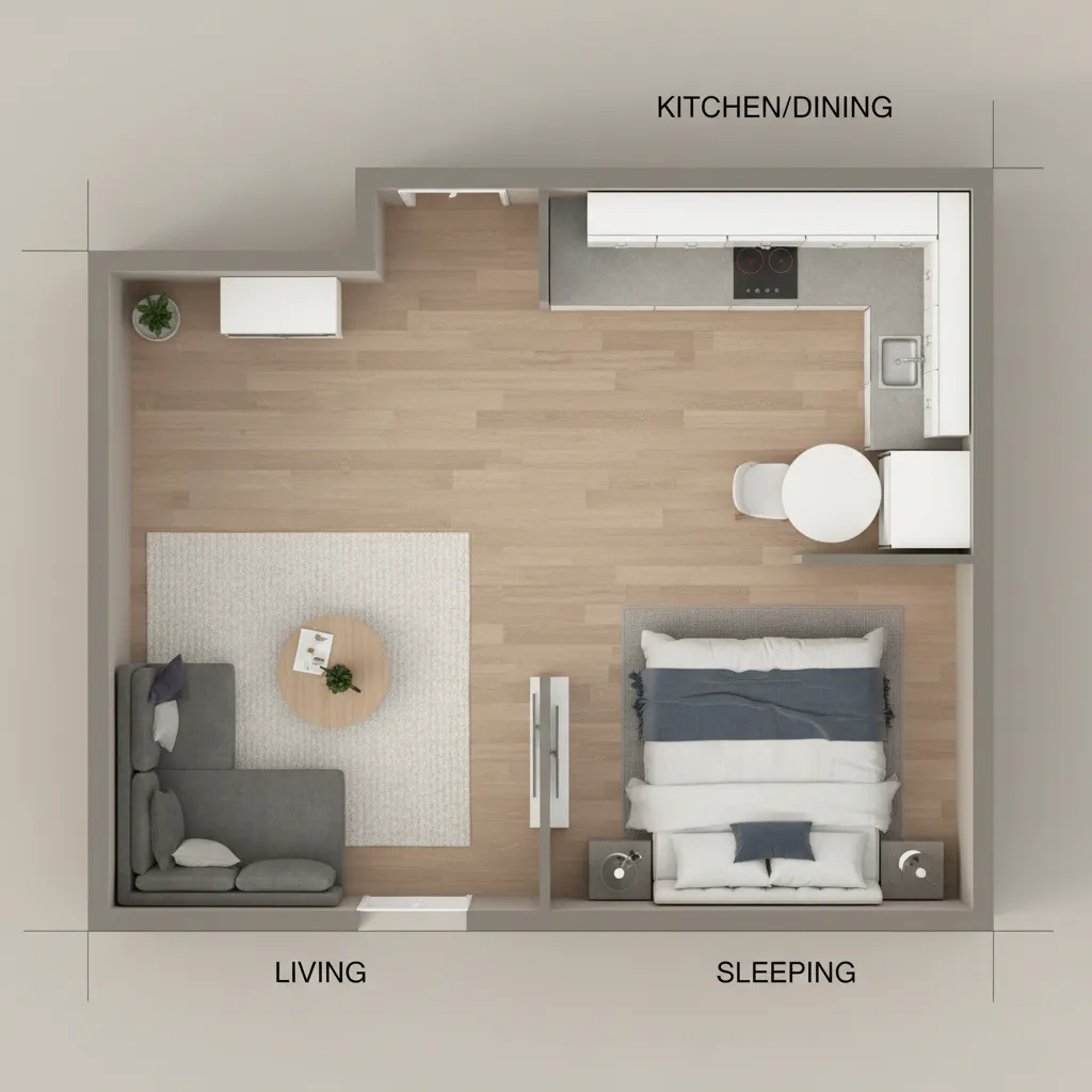490 sq ft apartment zoning layout showing living sleeping and kitchen zones