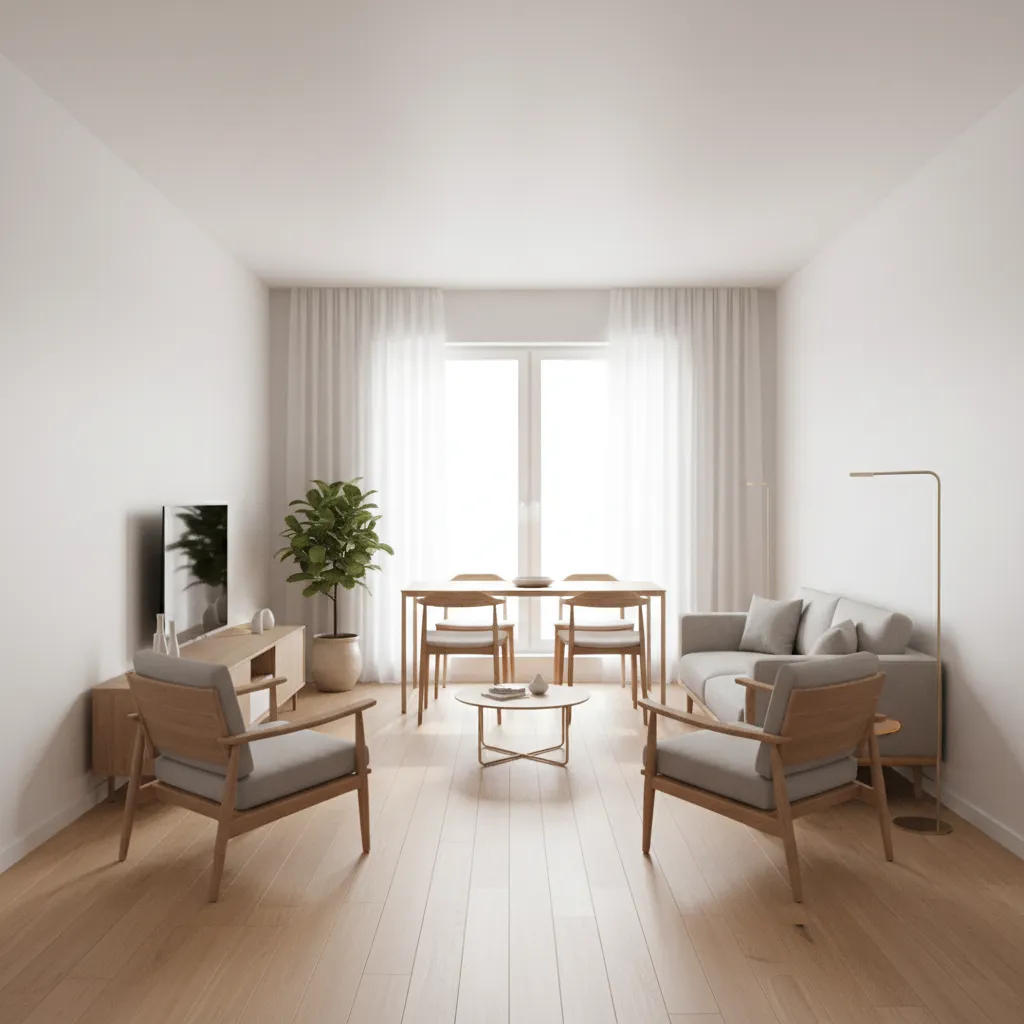 open layout zoning for small 1 BHK apartment living dining area