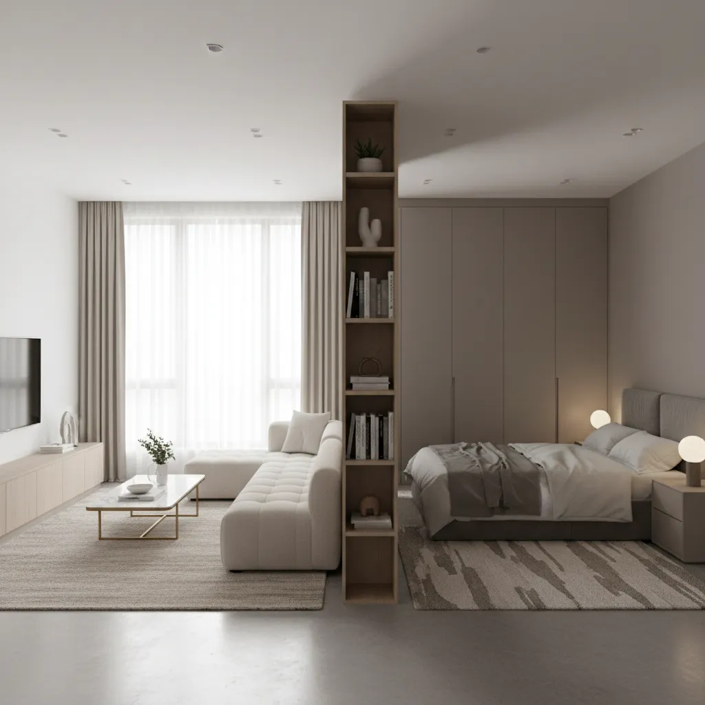 Compact apartment interior using shelving and rugs to divide living and bedroom zones