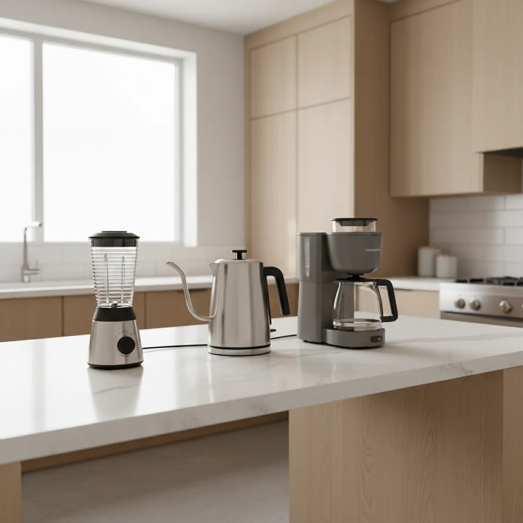 Compact kitchen appliances like blender kettle and coffee maker placed on kitchen counter ready for packing